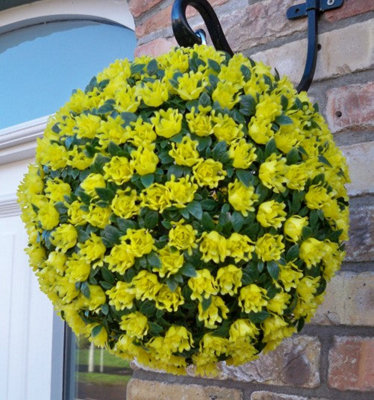 Pair of Best Artificial 28cm Yellow Rose Hanging Basket Flower Topiary Ball - Suitable for Outdoor Use - Weather & Fade Resistant