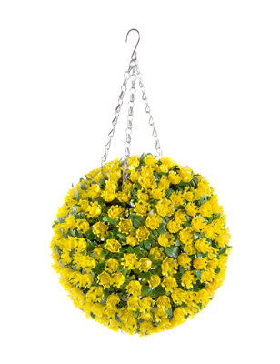Pair of Best Artificial 28cm Yellow Rose Hanging Basket Flower Topiary Ball - Suitable for Outdoor Use - Weather & Fade Resistant