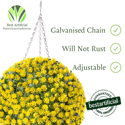Pair of Best Artificial 28cm Yellow Rose Hanging Basket Flower Topiary Ball - Suitable for Outdoor Use - Weather & Fade Resistant