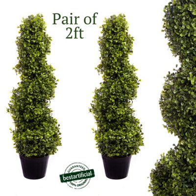Pair of Best Artificial 2ft - 60cm Green Boxwood Spiral Topiary Tree - Suitable for Outdoor Use - Weather & Fade Resistant