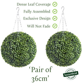Pair of Best Artificial 35cm Green Boxwood Buxus Grass Hanging Basket Topiary Ball - Suitable for Outdoor Use