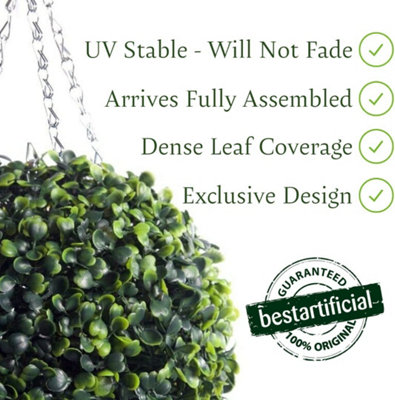 Pair of Best Artificial 36cm Green Boxwood Buxus Grass Hanging Basket Topiary Ball - Suitable for Outdoor Use