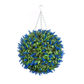 Pair of Best Artificial 38cm Blue Lush Lavender Hanging Basket Flower Topiary Ball - Weather & Fade Resistant