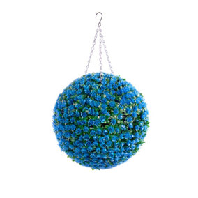 Pair of Best Artificial 38cm Blue Rose Hanging Basket Flower Topiary Ball -Suitable for Outdoor Use - Weather & Fade Resistant