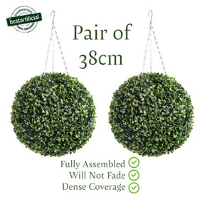 Pair of Best Artificial 38cm Green Boxwood Buxus Grass Hanging Basket Topiary Ball - Suitable for Outdoor Use