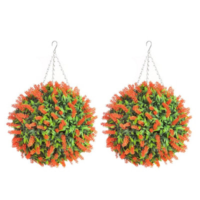 Pair of Best Artificial 38cm Orange Lush Lavender Hanging Basket Flower Topiary Ball - Weather & Fade Resistant