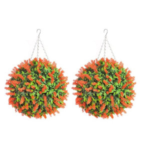 Pair of Best Artificial 38cm Orange Lush Lavender Hanging Basket Flower Topiary Ball - Weather & Fade Resistant
