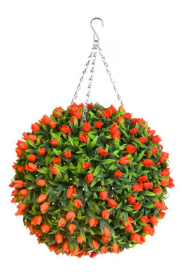 Pair of Best Artificial 38cm Orange Lush Tulip Hanging Basket Flower Topiary Ball - Weather & Fade Resistant