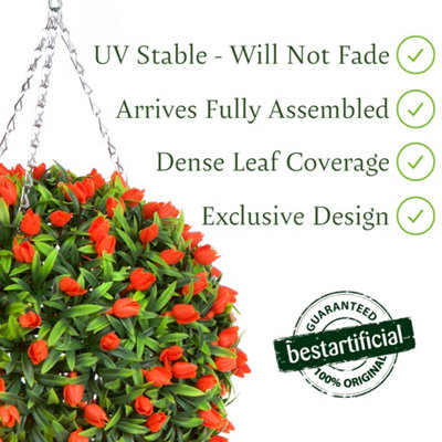 Pair of Best Artificial 38cm Orange Lush Tulip Hanging Basket Flower Topiary Ball - Weather & Fade Resistant
