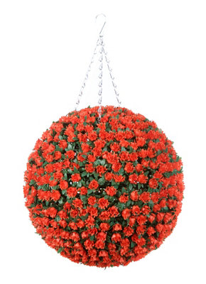 Pair of Best Artificial 38cm Orange Rose Hanging Basket Flower Topiary Ball - Suitable for Outdoor Use - Weather & Fade Resistant