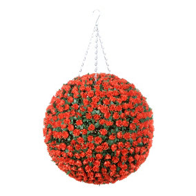 Pair of Best Artificial 38cm Orange Rose Hanging Basket Flower Topiary Ball - Suitable for Outdoor Use - Weather & Fade Resistant