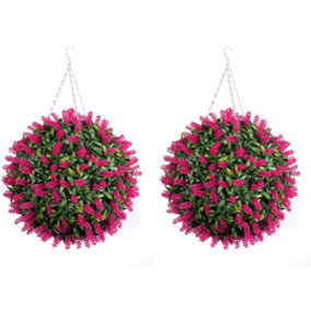Pair of Best Artificial 38cm Pink Lush Lavender Hanging Basket Flower Topiary Ball - Weather & Fade Resistant