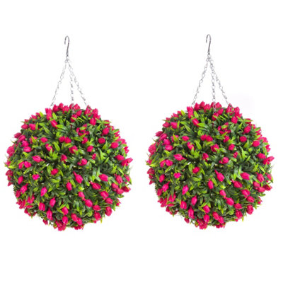 Pair of Best Artificial 38cm Pink Lush Tulip Hanging Basket Flower Topiary Ball - Weather & Fade Resistant