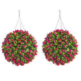 Pair of Best Artificial 38cm Pink Lush Tulip Hanging Basket Flower Topiary Ball - Weather & Fade Resistant