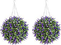 Pair of Best Artificial 38cm Purple Lush Lavender Hanging Basket Flower Topiary Ball - Weather & Fade Resistant