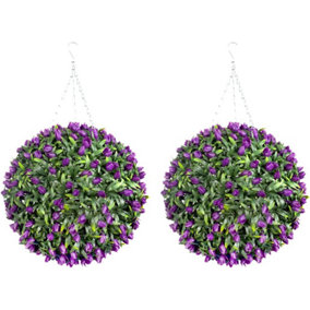 Pair of Best Artificial 38cm Purple Lush Tulip Hanging Basket Flower Topiary Ball - Weather & Fade Resistant