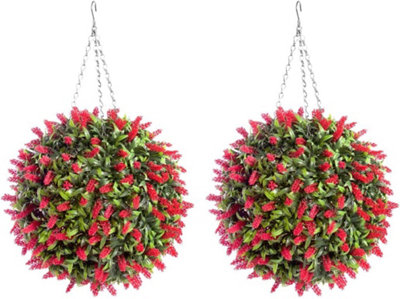 Pair of Best Artificial 38cm Red Lush Lavender Hanging Basket Flower Topiary Ball - Weather & Fade Resistant