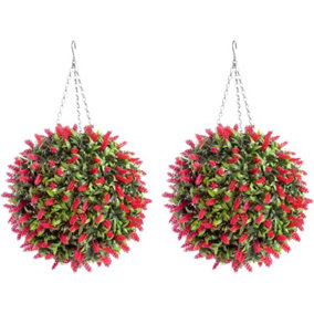Pair of Best Artificial 38cm Red Lush Lavender Hanging Basket Flower Topiary Ball - Weather & Fade Resistant