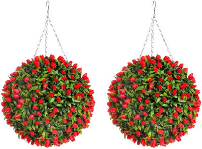Pair of Best Artificial 38cm Red Lush Tulip Hanging Basket Flower Topiary Ball - Weather & Fade Resistant