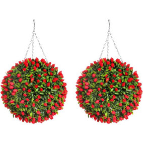 Pair of Best Artificial 38cm Red Lush Tulip Hanging Basket Flower Topiary Ball - Weather & Fade Resistant
