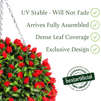 Pair of Best Artificial 38cm Red Lush Tulip Hanging Basket Flower Topiary Ball - Weather & Fade Resistant