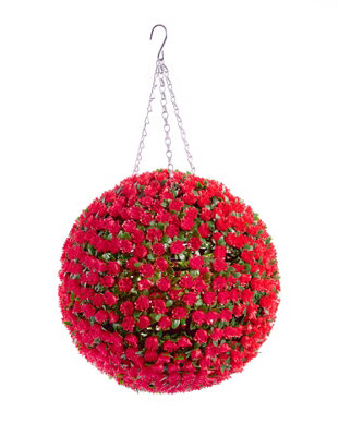 Pair of Best Artificial 38cm Red Rose Hanging Basket Flower Topiary Ball - Suitable for Outdoor Use - Weather & Fade Resistant