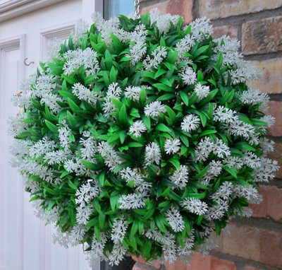 Pair of Best Artificial 38cm White Lush Lavender Hanging Basket Flower Topiary Ball - Weather & Fade Resistant