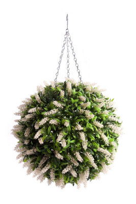 Pair of Best Artificial 38cm White Lush Lavender Hanging Basket Flower Topiary Ball - Weather & Fade Resistant