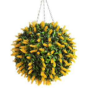 Pair of Best Artificial 38cm Yellow Lush Lavender Hanging Basket Flower Topiary Ball - Weather & Fade Resistant