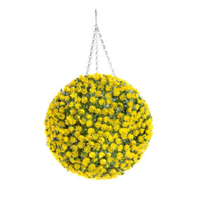 Pair of Best Artificial 38cm Yellow Rose hanging Basket Flower Topiary Ball - Suitable for Outdoor Use - Weather & Fade Resistant