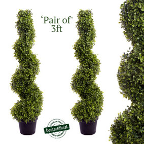 Pair of Best Artificial 3ft - 90cm Green Boxwood Spiral Topiary Tree - Suitable for Outdoor Use - Weather & Fade Resistant