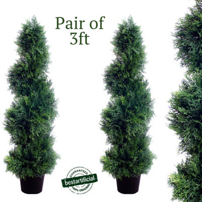 Pair of Best Artificial 3ft - 90cm Green Cedar Spiral Topiary Tree - Suitable for Outdoor Use - Weather & Fade Resistant