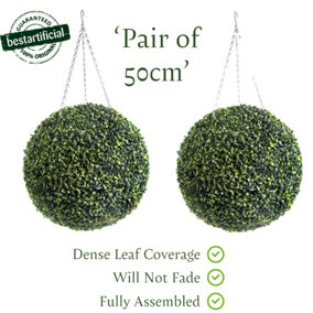 Pair of Best Artificial 50cm Green Boxwood Buxus Grass Hanging Basket Topiary Ball - Suitable for Outdoor Use