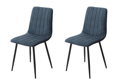 PAIR of Blue cord fabric Aspen straight stitch dining chairs, black tapered legs