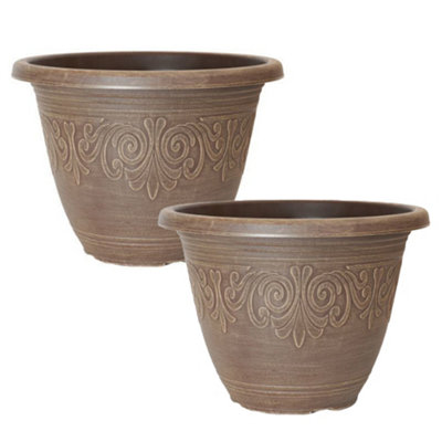 Pair of Brushed Butterscotch Round Laurel Planters Containers For Growing