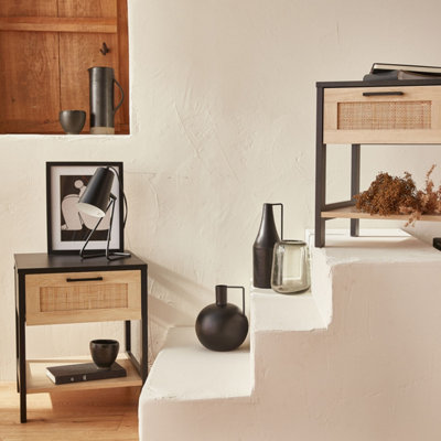 Pair of cane rattan bedside tables with drawer 40x40x48cm Bianca