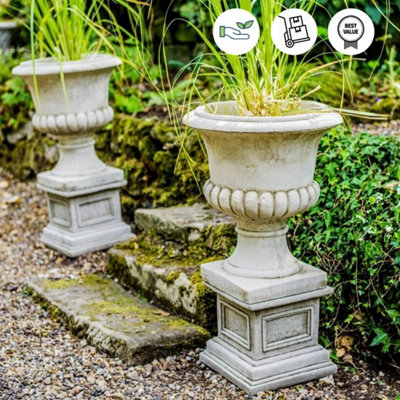 Pair of Classic Stone Garden Urns with Columns