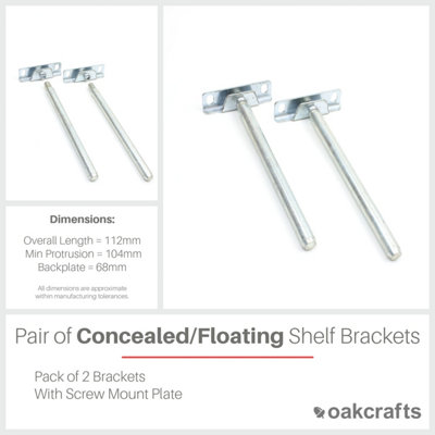 Pair of Concealed Floating Shelf Brackets/Supports - 112mm