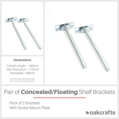 Pair of Concealed Floating Shelf Brackets/Supports - 180mm