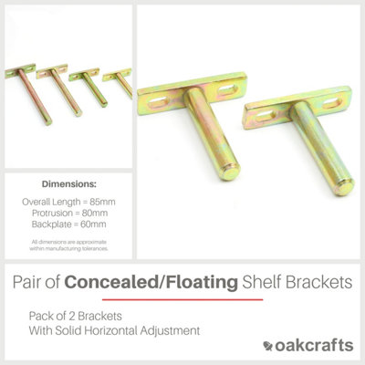 Pair of Concealed Floating Shelf Supports with Solid Horizontal Adjustment - 85mm