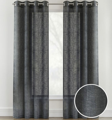 Pair of Crete Charcoal Luxury Linen Look Sheer Panels with Eyelet Header 137 CM