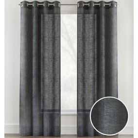 Pair of Crete Charcoal Luxury Linen Look Sheer Panels with Eyelet Header 137 CM