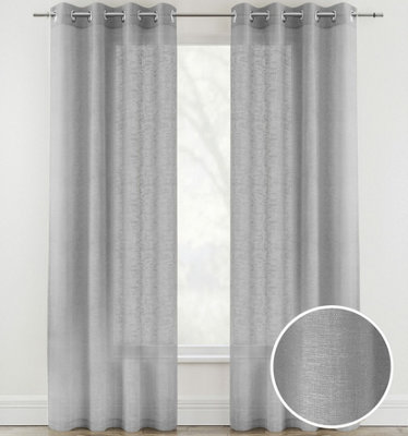 Pair of Crete Silver Luxury Linen Look Sheer Panels with Eyelet Header 137 CM