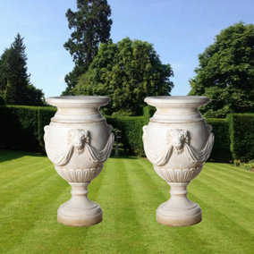 Pair of Extremely Large Draped Lion Head Garden Urns