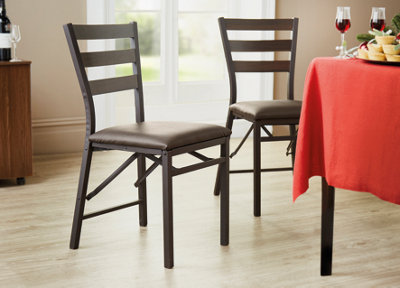Pair of Folding Dining Chairs with Faux Leather Seat & Wood Effect Back ...