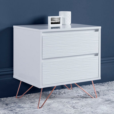 Pair of Fusion 2 Drawer White Bedside Tables With Pink Copper Feet