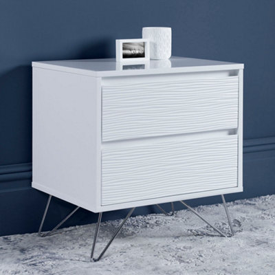 Pair of Fusion 2 Drawer White Bedside Tables With Stainless Steel Feet