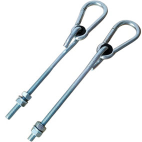 Pair of Galvanized Steel Screw Hooks 150mm Long M10 with Stainless Steel Carabiner, Nuts and Washers - Outdoor Garden Swing Hooks