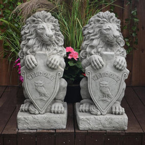 Pair of Gatepost Lion statues with Shield