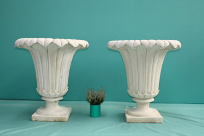 PAIR of GIANT Classic Ancient Greek  Fluted Vases in White Stone Cast Pots